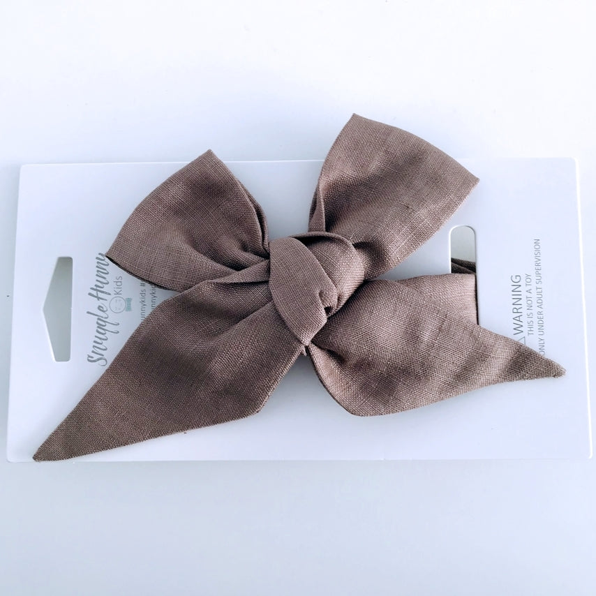 Chocolate linen bow headband for babies and toddlers