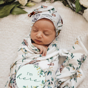 Eucalypt leaves baby jersey wrap and beanie on newborn