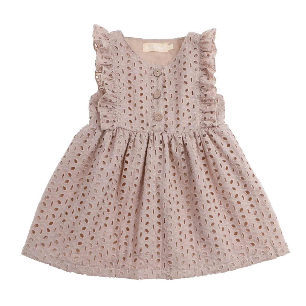 Sand coloured eyelet dress with three wooden buttons