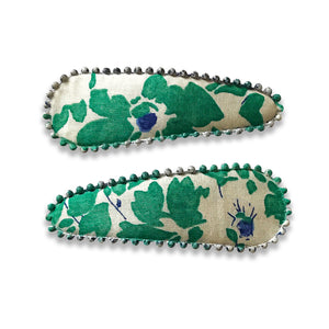 Hair Clips,Green and White floral pattern, Set of two Hair Accessories, The Little Bird's Shop