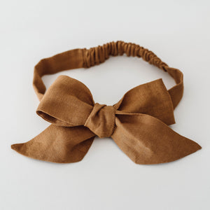 Mustard linen bow headband for babies and toddlers