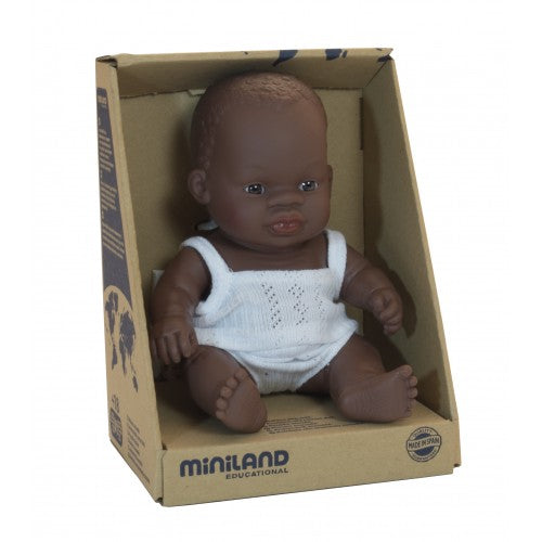 Miniland African baby girl doll in box