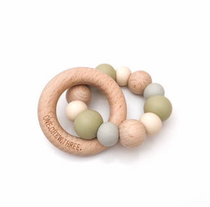 Olive coloured silicone bead and natural beech wood teether