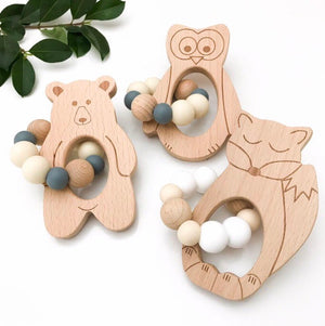 Bear, Fox and Owl natural beech wood and silicone bead teethers