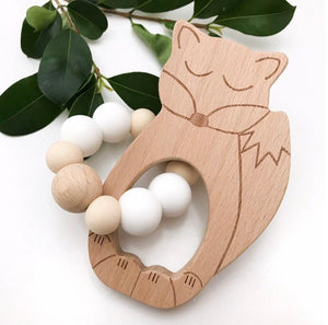 Fox silicone and beech wood teether, white silicone beads