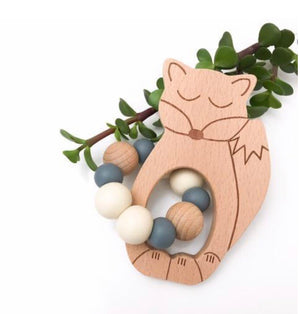 Fox silicone and beech wood teether, grey, white and natural silicone beads